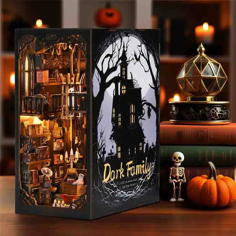 Book Nook Kit Dark Family DIY Wooden Puzzle Gothic style Halloween Bookshelf Dollhouse Model Bookend Building Home Decoration