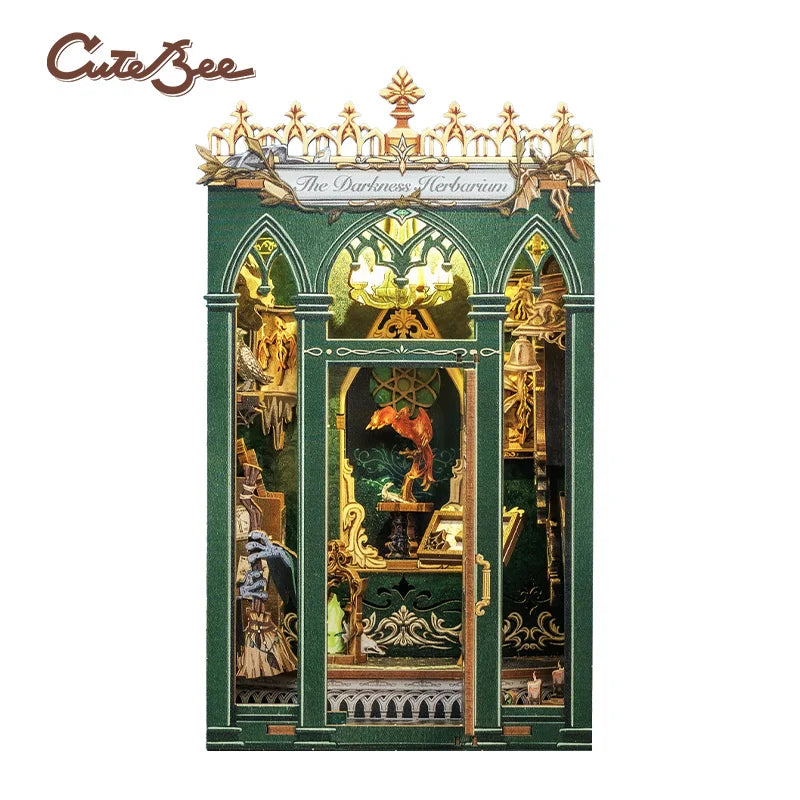 CUTEBEE Book Nook Kit 3D Miniature House Led Light Bookshelf Insert Booknook The Darkness Herbarium for Home Decoration