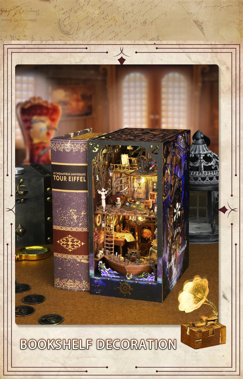 Retro DIY Wooden Book Nook Shelf Insert Kits Miniatures Magical Pirate Ship Bookcase Home Bookshelf Decor Adult Handmade Gifts