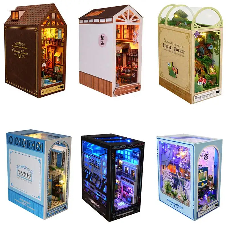 Book Nook Kit DIY Miniature House Wooden Book Shelf Insert Model Dollhouses With Light 3D Puzzle Building Toys For Kids Gifts