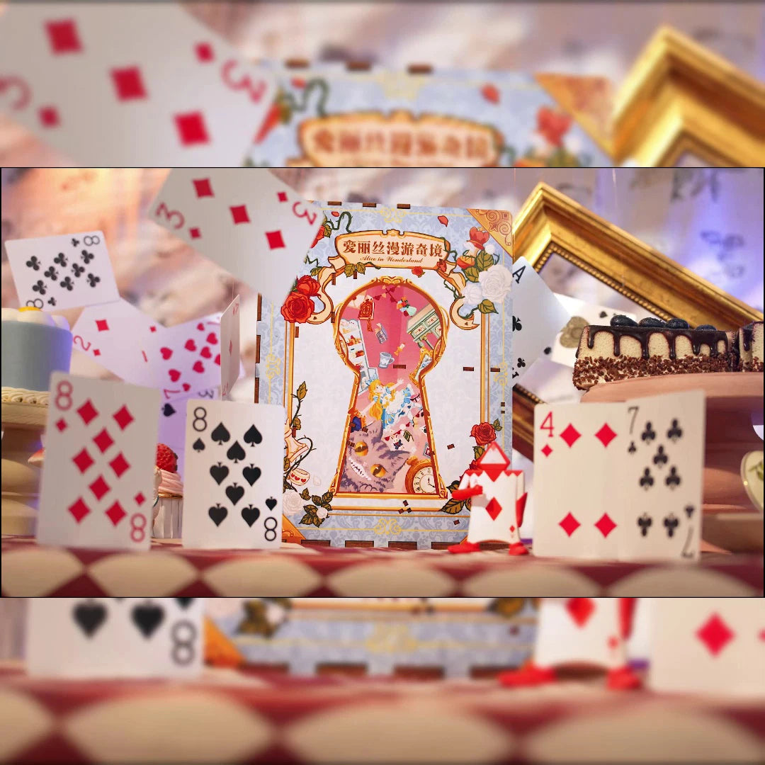 DIY Wooden Book Nook Shelf Kits Puzzle Alice in Wonderland Sensing Bookends Toy Bookshelf for Friends Gifts Home Decoration