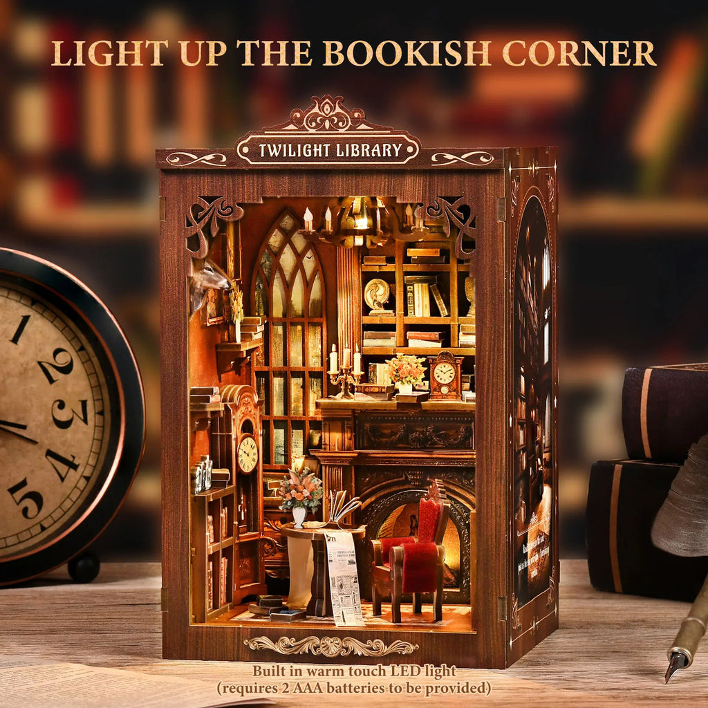 DIY Book Nook Kit Decorative Miniature Nook Bookshelf Insert with LED Light 3D Wooden Miniature House for Book Lovers