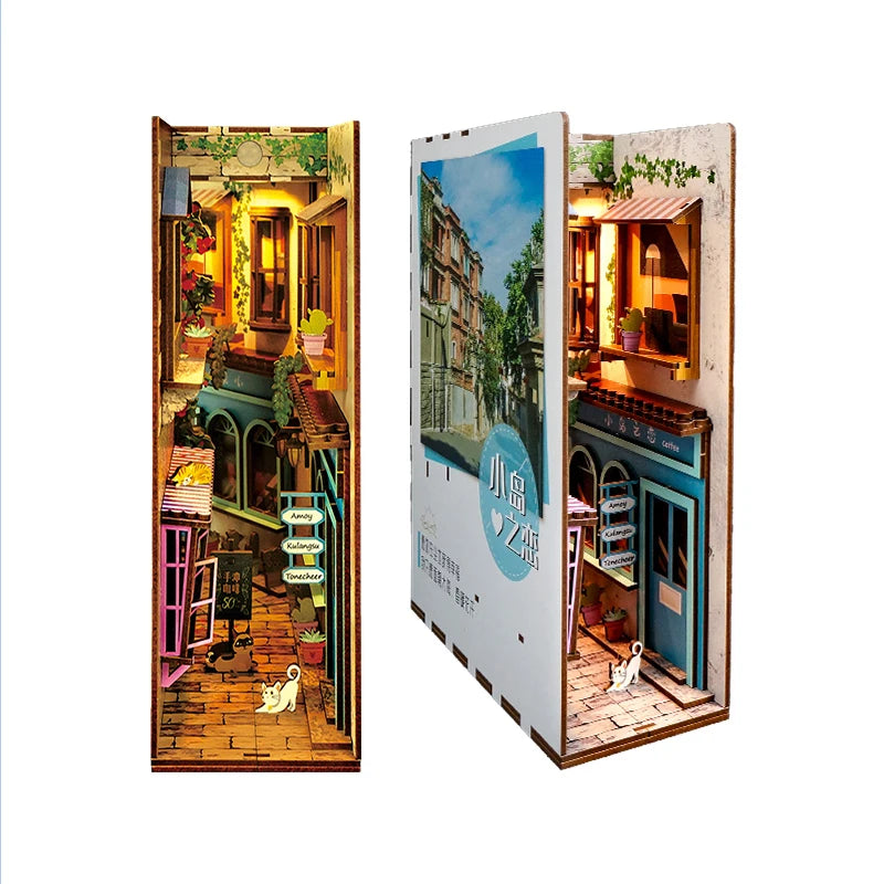 DIY Book Nook Kit for Adults Wooden 3D Puzzle Bookend Bookshelf Insert Decor Booknook Miniature House Kit With Dust Cover LED