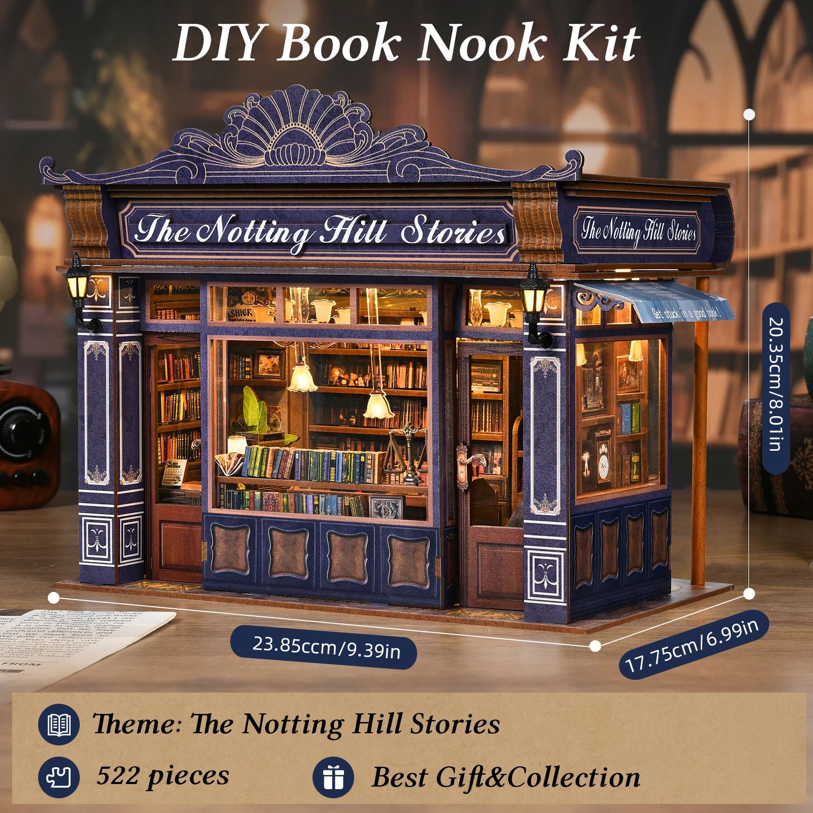 DIY Book Nook Kit Notting Hill Bookstore Wooden  Bookshop Dollhouse with Light Bookshelf Insert 3D Puzzle Decor for Gift