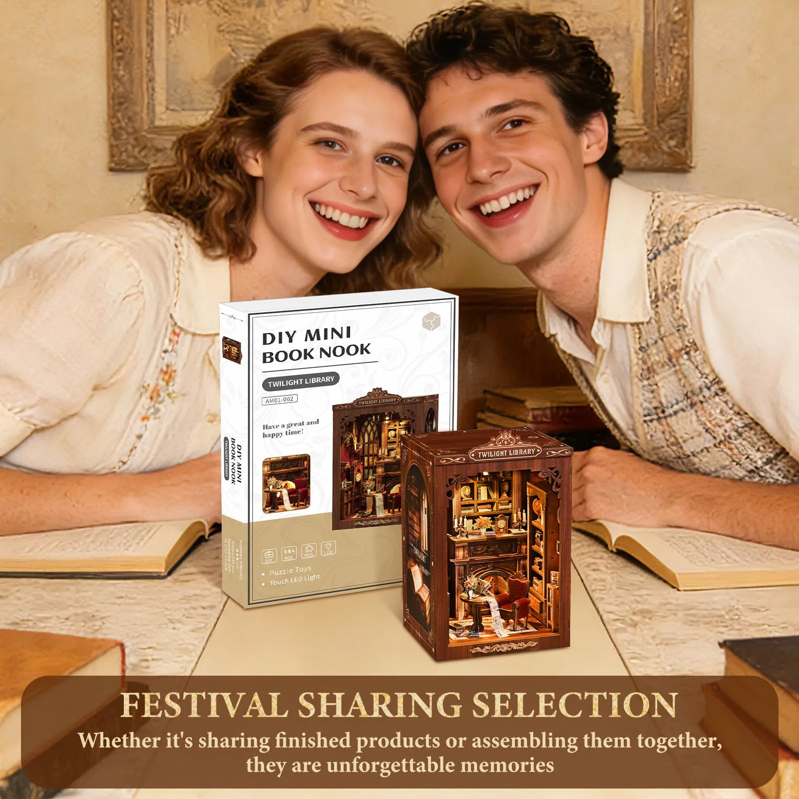 DIY Book Nook Kit Decorative Miniature Nook Bookshelf Insert with LED Light 3D Wooden Miniature House for Book Lovers