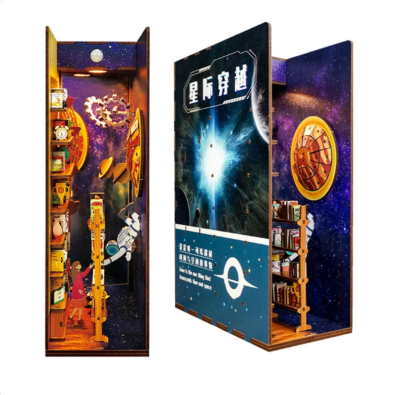 DIY Book Nook Kit for Adults Wooden 3D Puzzle Bookend Bookshelf Insert Decor Booknook Miniature House Kit With Dust Cover LED