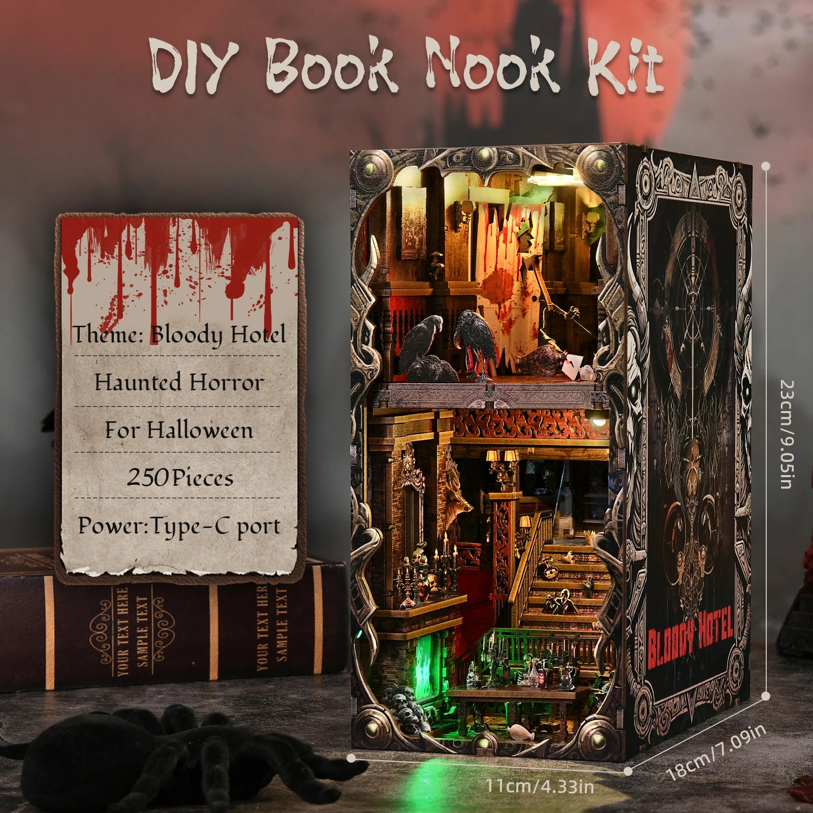 Book Nook Kit Haunted Hotel Halloween 3D DIY Wooden Puzzle Handmade Bookshelf Dollhouse Model Bookend Building Home Decoration