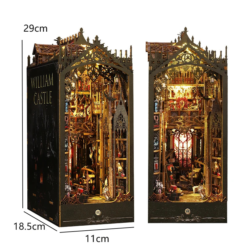 DIY Book Nook Kit Bookend Kit Wooden Doll House Bookshelf Insert Decor With Warm Light 3D Puzzle Assembly Building Model Gifts