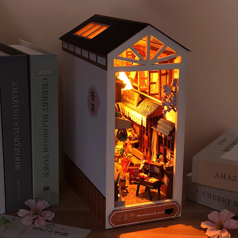 DIY Book Nook Kit Bookend Kit Wooden Doll House Bookshelf Insert Decor With Warm Light 3D Puzzle Assembly Building Model Gifts