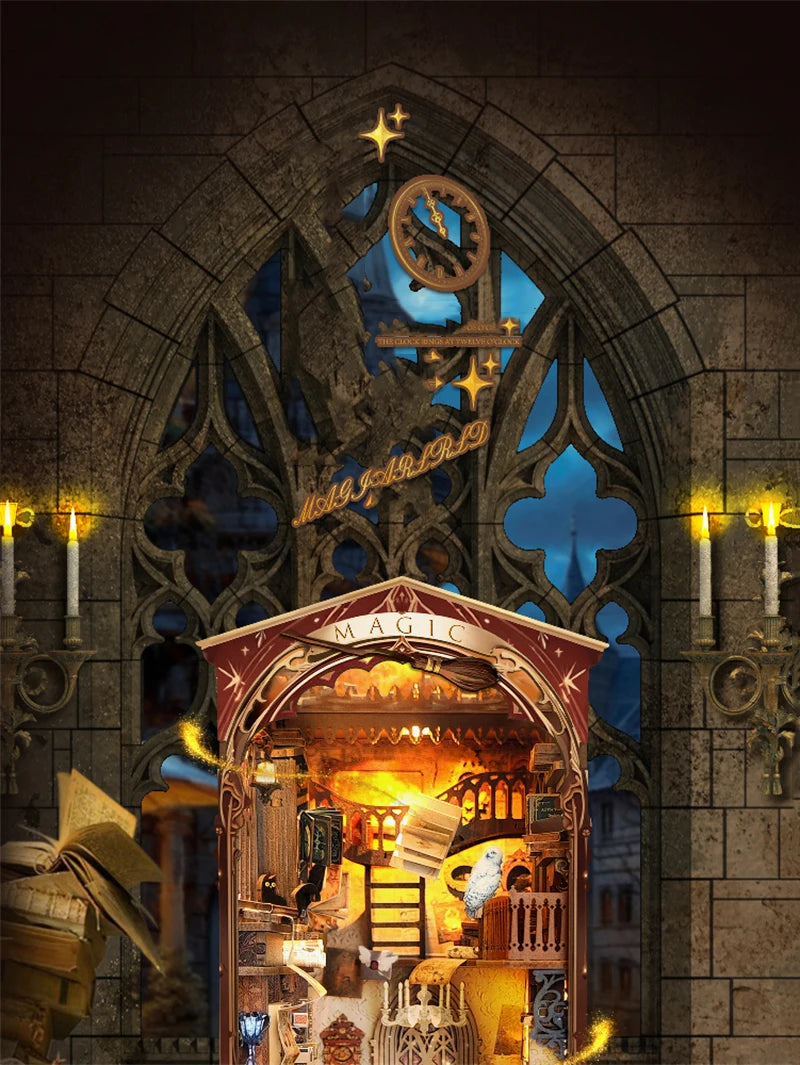 DIY Wooden Book Nook Shelf Insert Kit Miniature Building Kits Magic Night Alley Bookshelf with LED Lights Bookends Friends Gifts