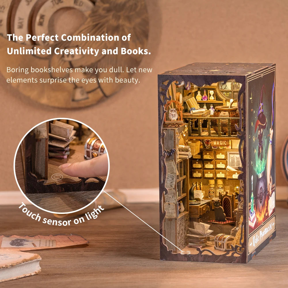 CUTEBEE Book Nook Miniature Doll House Kit With Touch Light Dust Cover Booknook Toys For Birthday Gifts Magic Nebula Common Room