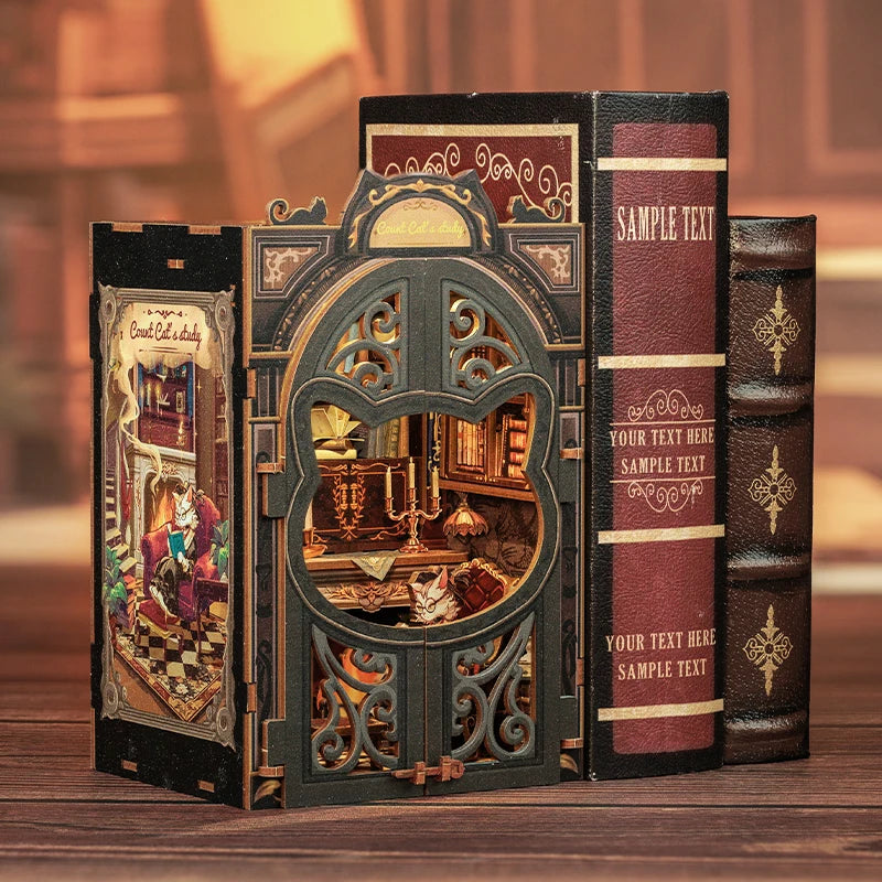 CUTEBEE Booknook Kit DIY Doll House with LED Light Bookshelf Insert Birthday Party Gifts For Count Cat Study