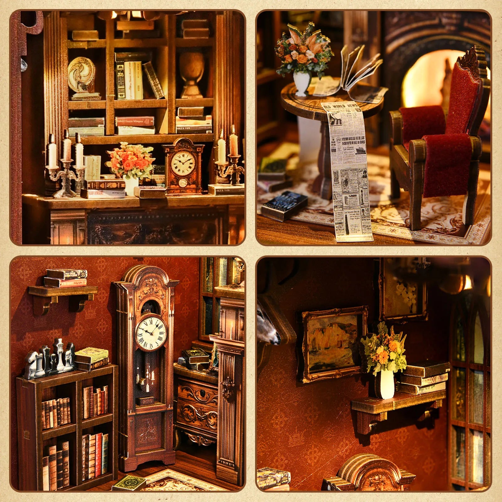 DIY Book Nook Kit Decorative Miniature Nook Bookshelf Insert with LED Light 3D Wooden Miniature House for Book Lovers