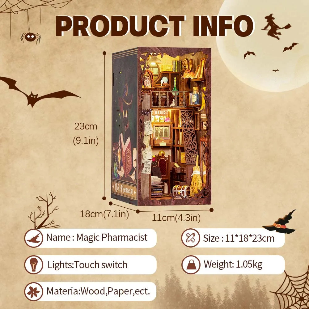 CUTEBEE DIY Book Nook Kit Miniature Dollhouse Book Nook Touch Lights with Furniture for Christmas Gifts (Magic Pharmacist )