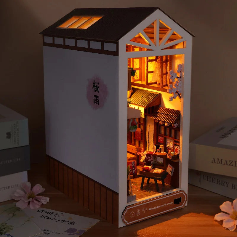 New Book Nook Japanese City Alley Model Building Bookend Bookshelf Insert Bookcase DIY Assemble Toys Child Girl Adult Gift Casa