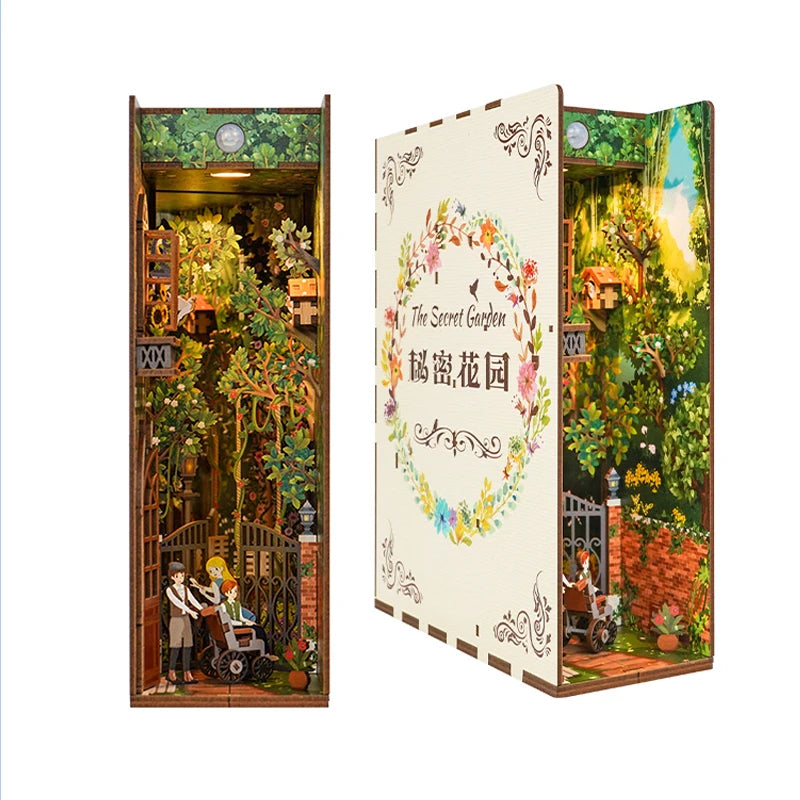 DIY Book Nook Kit for Adults Wooden 3D Puzzle Bookend Bookshelf Insert Decor Booknook Miniature House Kit With Dust Cover LED