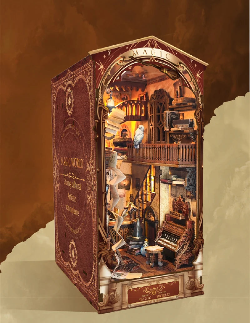 DIY Wooden Book Nook Shelf Insert Kit Miniature Building Kits Magic Night Alley Bookshelf with LED Lights Bookends Friends Gifts