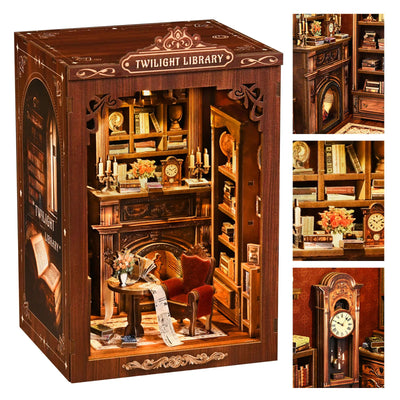DIY Book Nook Kit Decorative Miniature Nook Bookshelf Insert with LED Light 3D Wooden Miniature House for Book Lovers