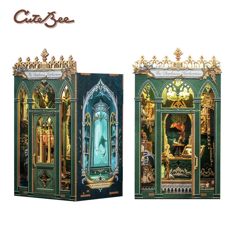 CUTEBEE Book Nook Kit 3D Miniature House Led Light Bookshelf Insert Booknook The Darkness Herbarium for Home Decoration