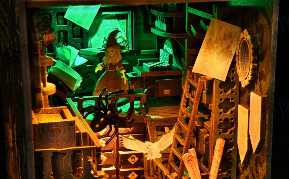 Book Nook Kit,DIY Miniature Dollhouse Booknook Kit,3D Wooden Puzzle Bookend Bookshelf Insert Decor LED Light for Teens Adults