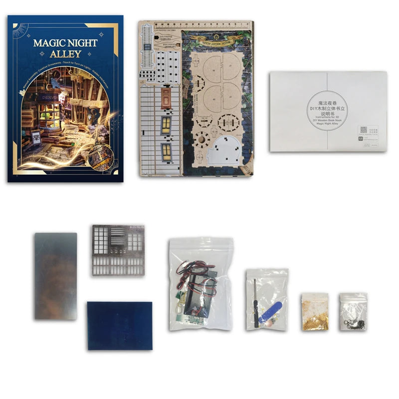 DIY Wooden Book Nook Shelf Insert Kit Miniature Building Kits Magic Night Alley Bookshelf with LED Lights Bookends Friends Gifts