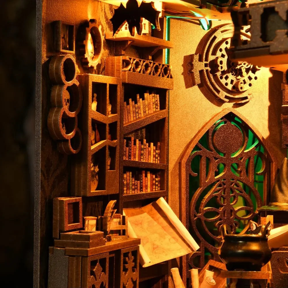 Book Nook Kit,DIY Miniature Dollhouse Booknook Kit,3D Wooden Puzzle Bookend Bookshelf Insert Decor LED Light for Teens Adults