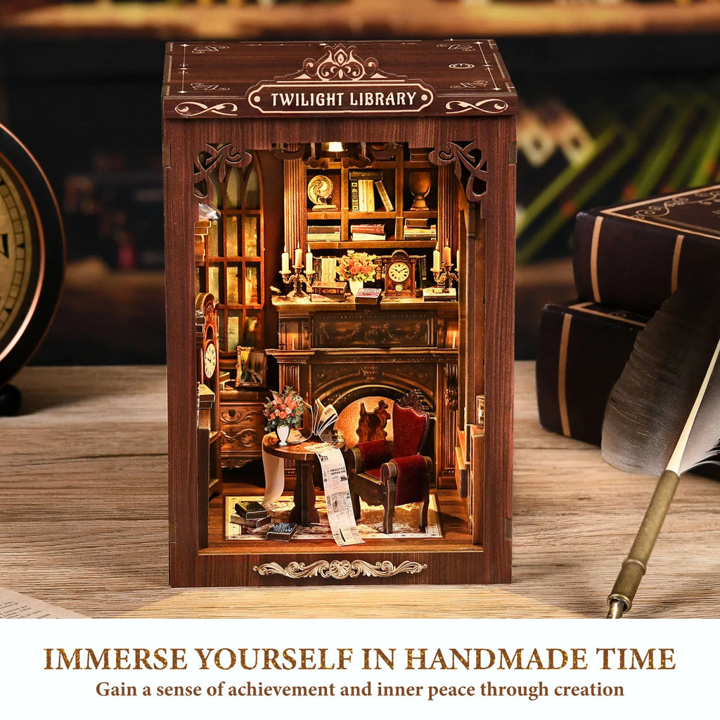 DIY Book Nook Kit Decorative Miniature Nook Bookshelf Insert with LED Light 3D Wooden Miniature House for Book Lovers