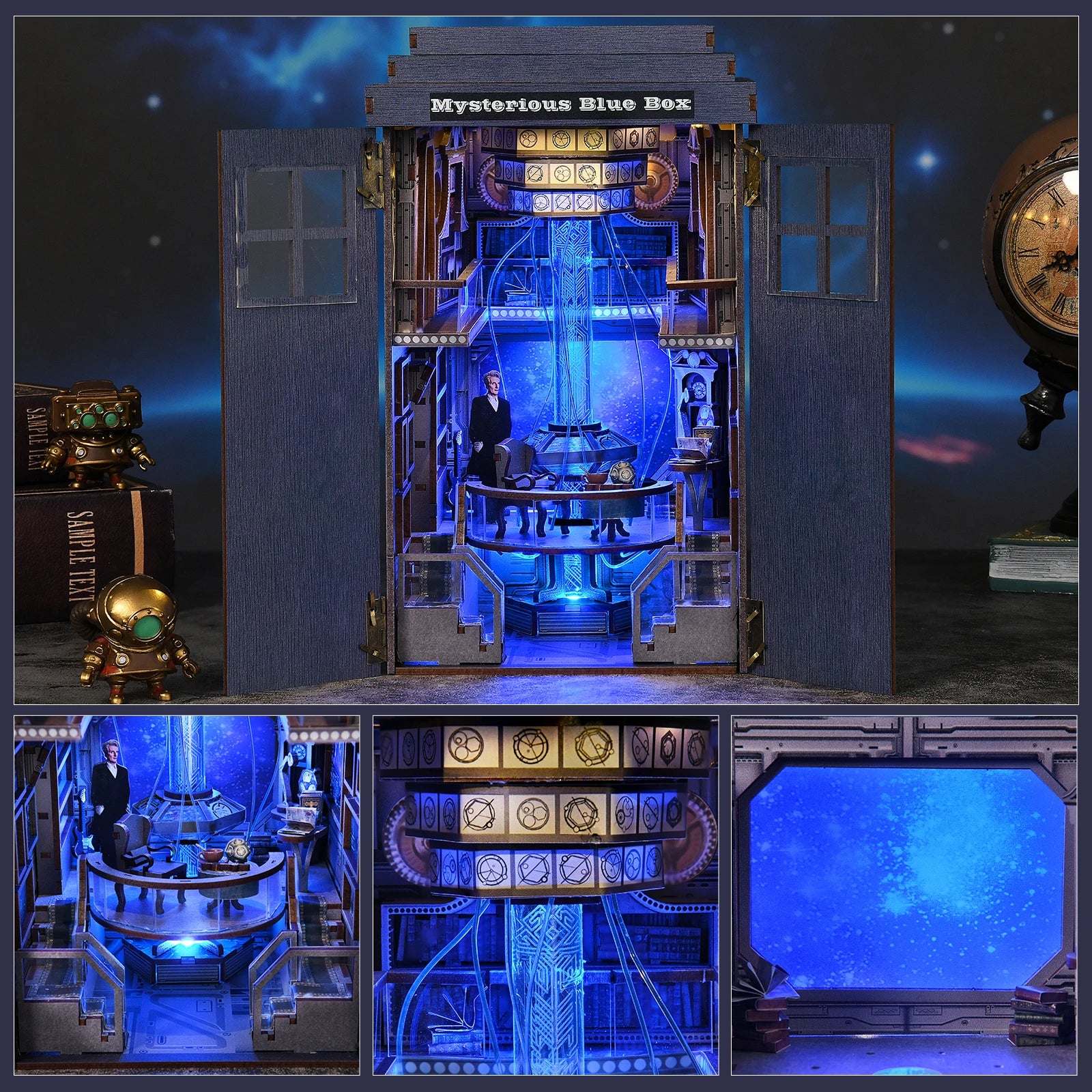 Book Nook Kit Blue Telephone Booth 3D DIY Wooden Puzzle Handmade Bookshelf Dollhouse Model Bookend Building Home Decoration