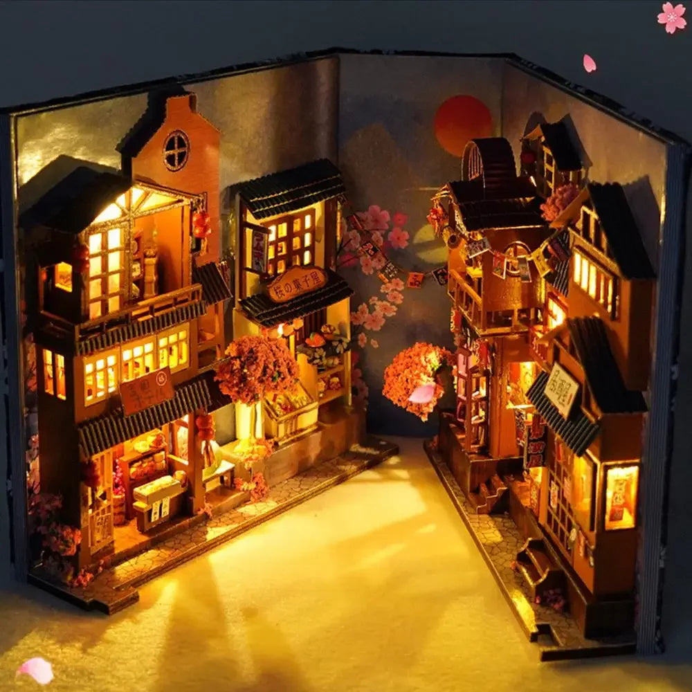 DIY Creative Book Nook Kit Decorative Japanese Style Bookend Insert Bookcase Book Stand Miniature House with LED Light Gift