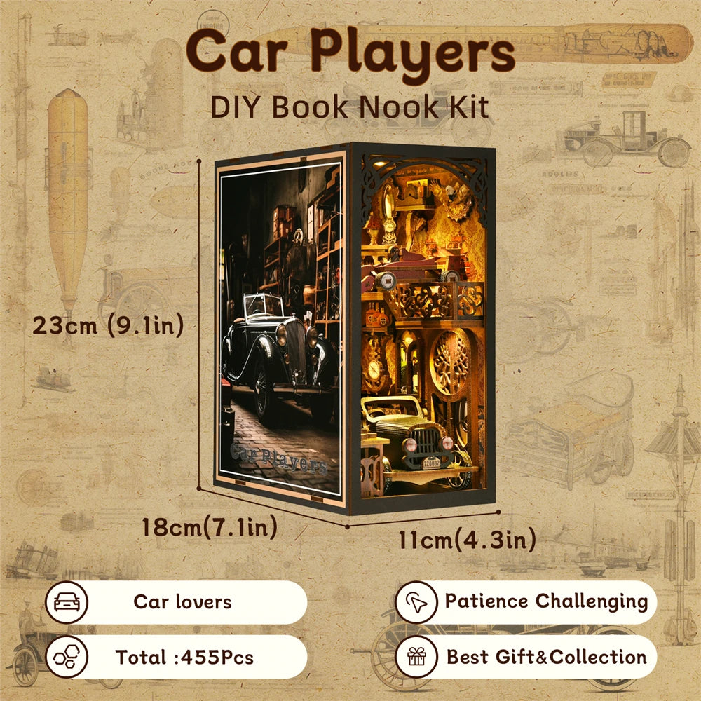 DIY Dollhouse Book nook Kit Vintage Car Museum Magical Realistic Imagination Simulated Book Nook Kit Bookend Stand F1 3D Puzzle