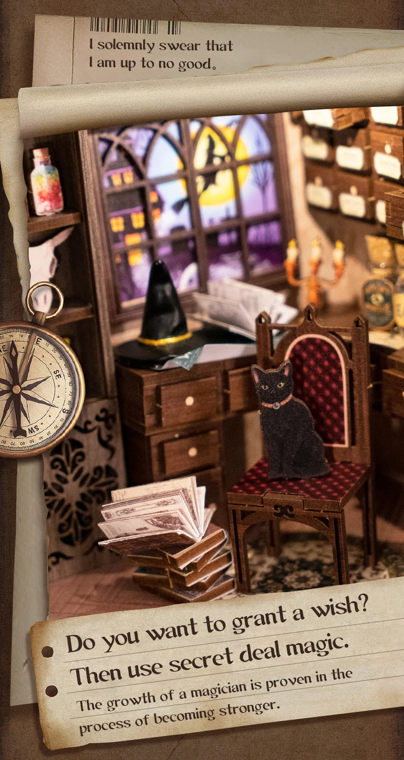 CUTEBEE DIY Book Nook Kit Miniature Dollhouse Book Nook Touch Lights with Furniture for Christmas Gifts (Magic Pharmacist )