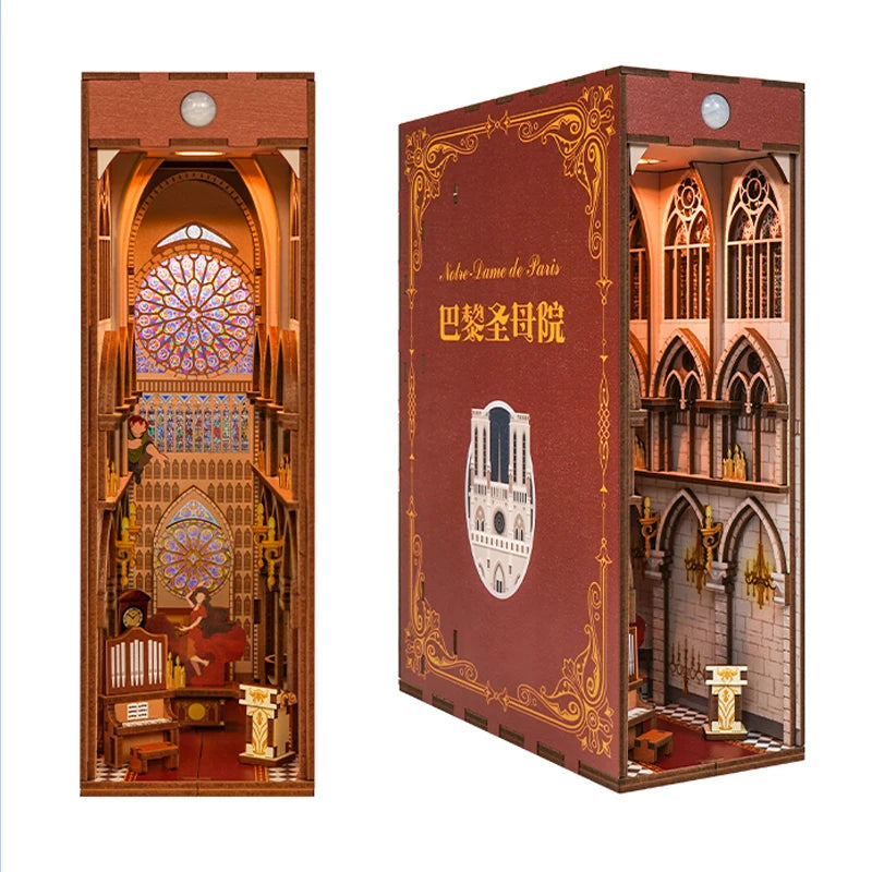 DIY Book Nook Kit for Adults Wooden 3D Puzzle Bookend Bookshelf Insert Decor Booknook Miniature House Kit With Dust Cover LED