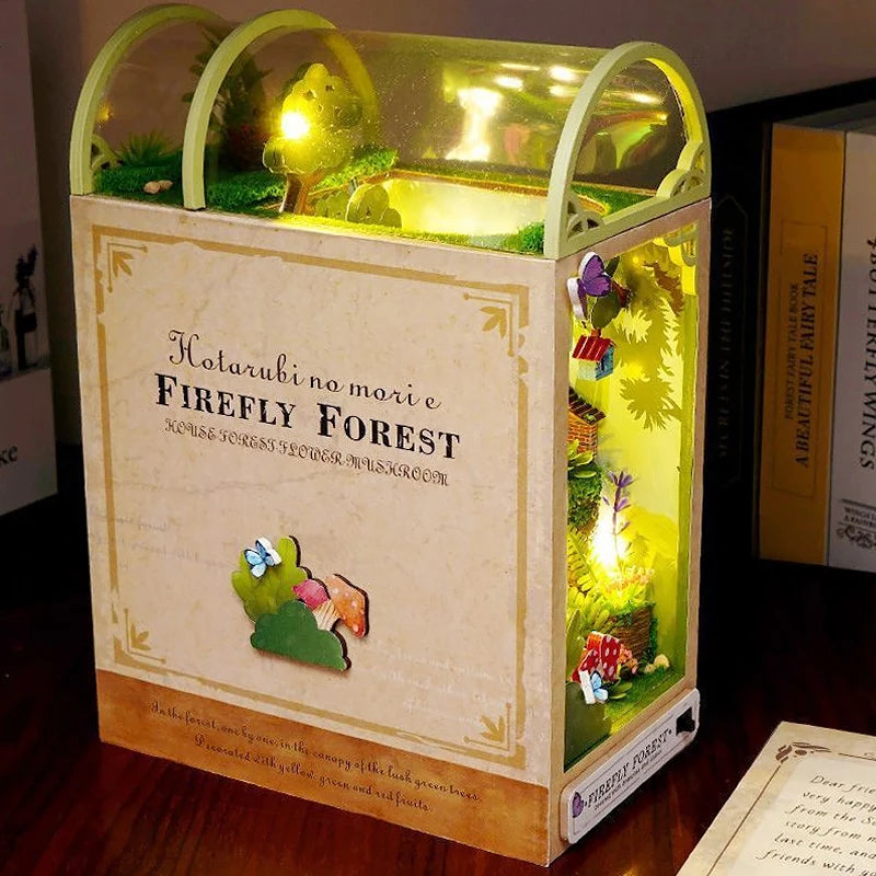 DIY Book Nook Kit Bookend Kit Wooden Doll House Bookshelf Insert Decor With Warm Light 3D Puzzle Assembly Building Model Gifts