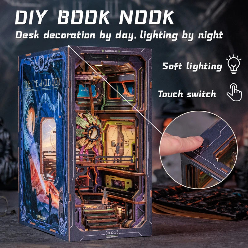 CUTEBEE DIY Book Nook Cthulhu Wooden Dollhouse with LED Dust Cover Bookshelf Insert 3D Puzzle Decor for Gift The Eye of Old God