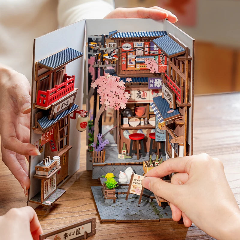 Original Rolife Sakura Wine Alley Japanese Style Design Book Nooks Kit for Family Home Bookshelf Decoration 3D DIY Wooden Puzzle