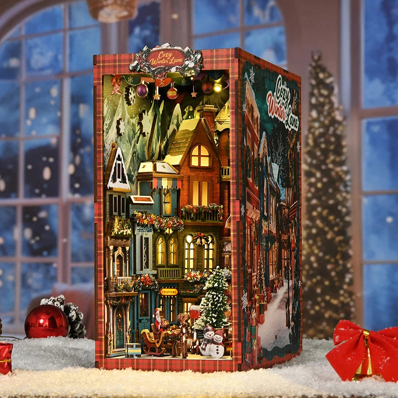 NEW DIY Book Nook Wooden Miniature Model Kits Christmas Street Corner Bookend 3D Puzzle with Light Bookshelf for Friends Gifts