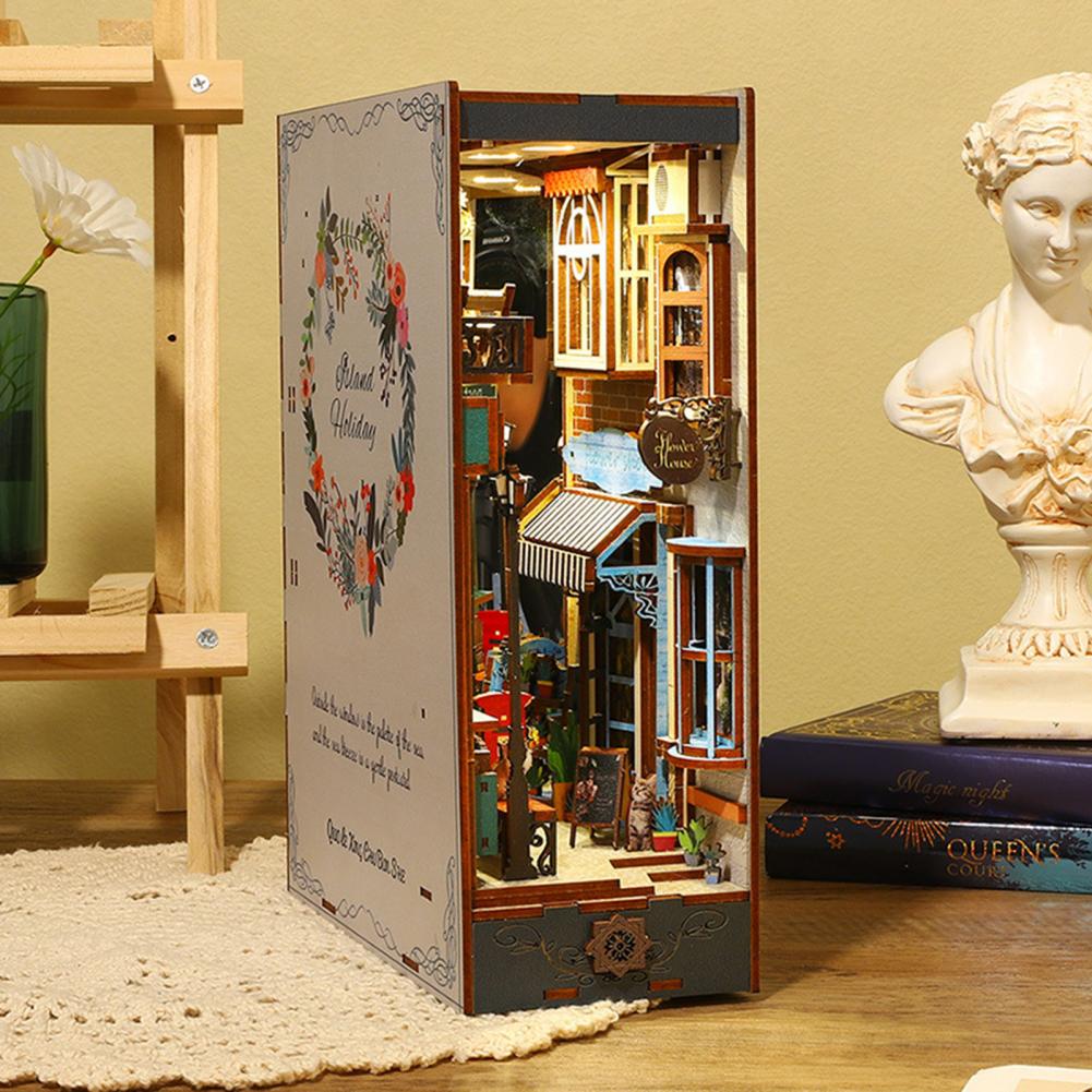 1 Set Book Nook Dollhouse Authentic Restoration Richly Structured Decoration Wood 3D Holiday Sea Island Booknook Model Dollhouse