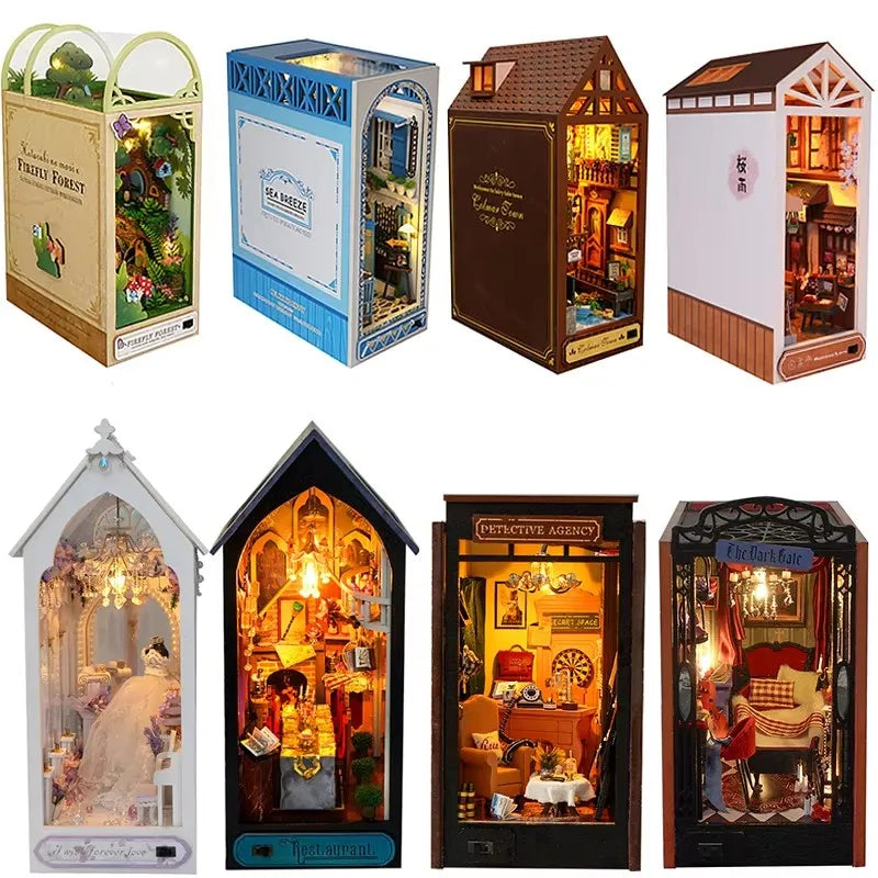 DIY Wooden Book Nook Miniatures Shelf Insert Dollhouse Building Bookshelf Bookend Home Decoration Doll Houses Toys For Xmas Gift