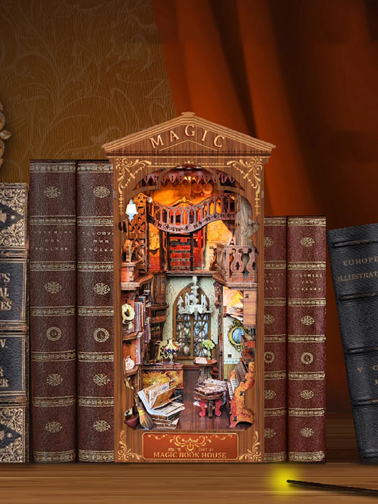 DIY Wooden Book Nook 3D Puzzle Miniature Doll House Kit With Touch Light World Bookshelf Assembly Bookend Eternal Bookstore 2023